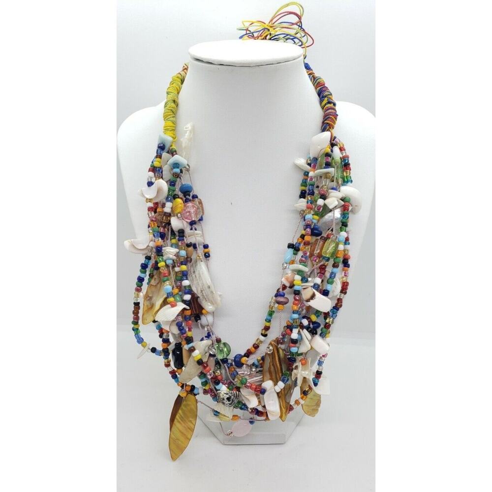 Vintage necklace Fetish Native Art Glass Seashell Multi Strand Boho Tribal